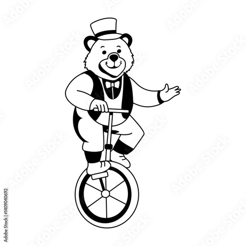 Circus bear riding one wheel bicycle illustration in glyph style 
