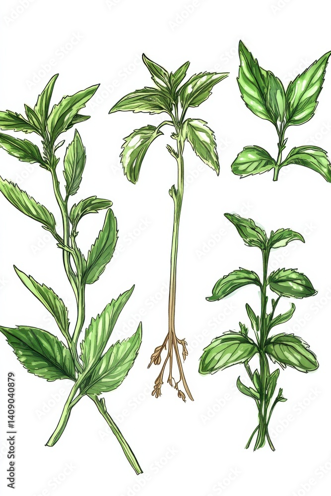 Obraz premium Illustration of Stevia rebaudiana showcasing different plant parts and their features