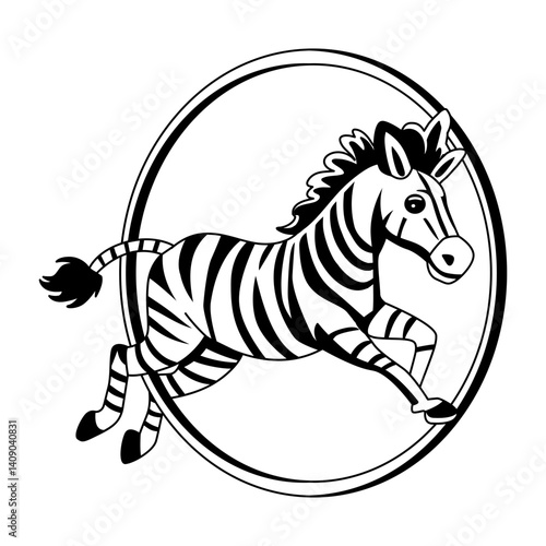 A glyph illustration of circus zebra jumping from hoop rings 