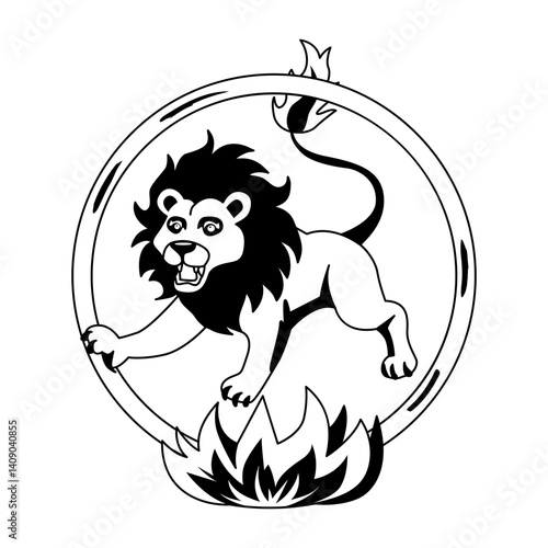 Lion jumping from fire ring illustration in glyph style 