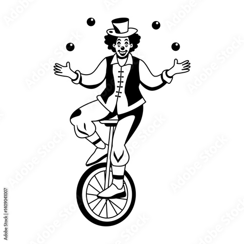 A glyph illustration of a clown juggling balls on a single wheel bicycle 
