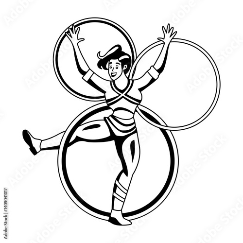 A glyph illustration of a character performing with hula hoops  
