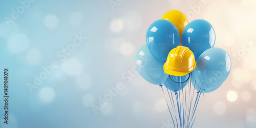 Blue Balloons with Yellow Construction Helmet on Light Blue Bokeh Background