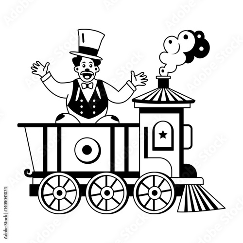 A glyph illustration of a funny character sitting on a circus train 


