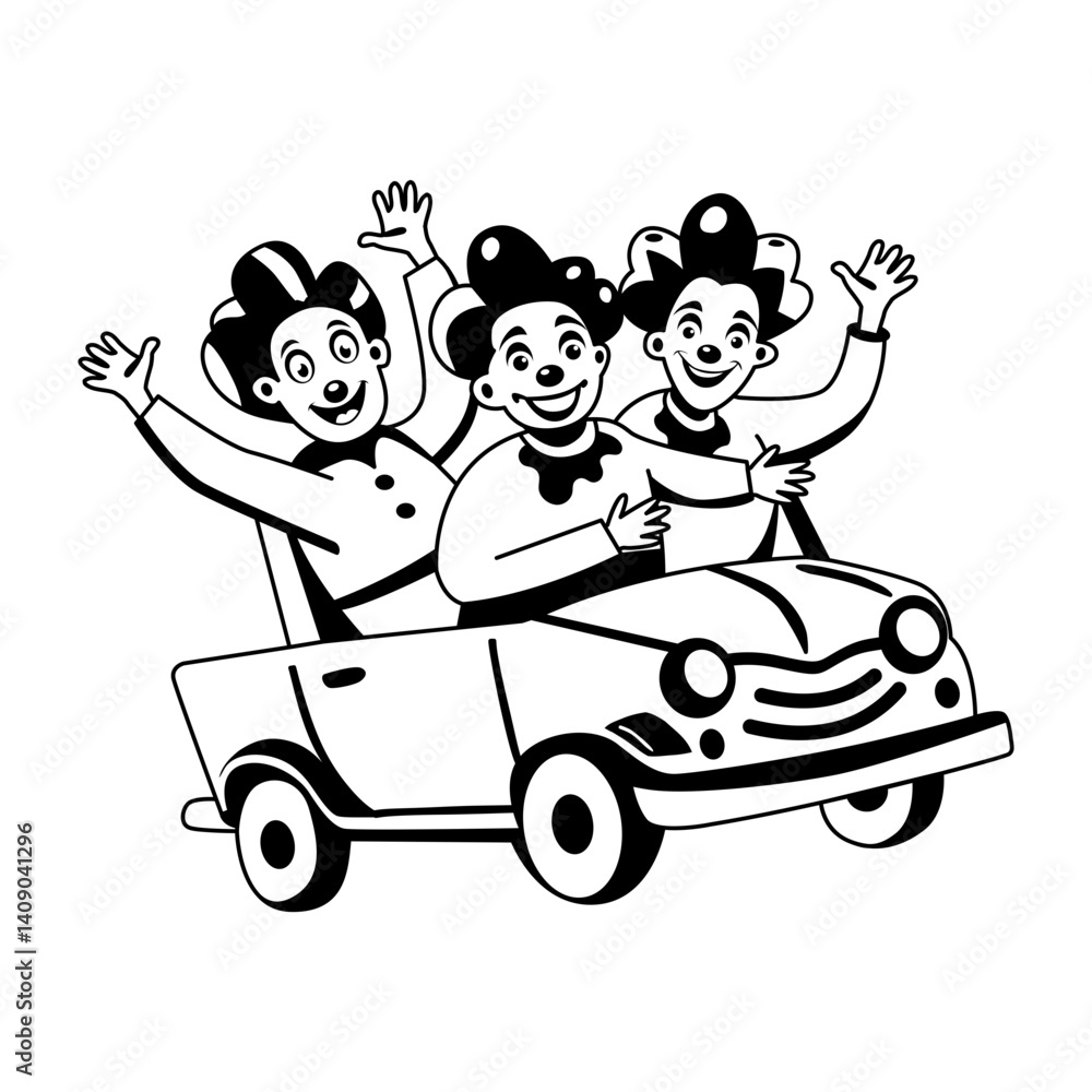 A glyph illustration of clown car with three circus characters
A glyph illustration of clown car with three circus characters