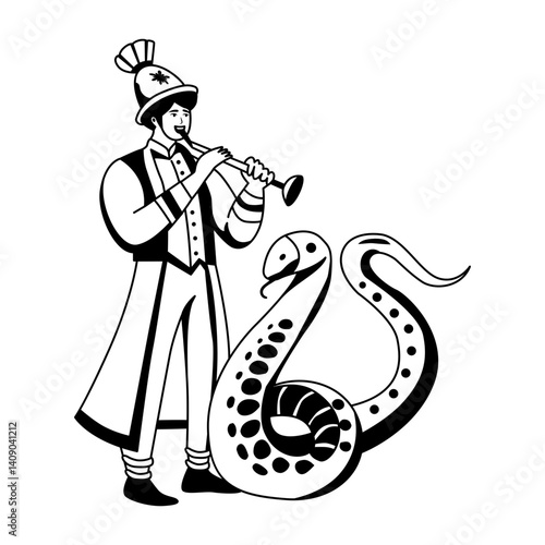 A glyph illustration of a snake charmer playing flute in front of a snake 
