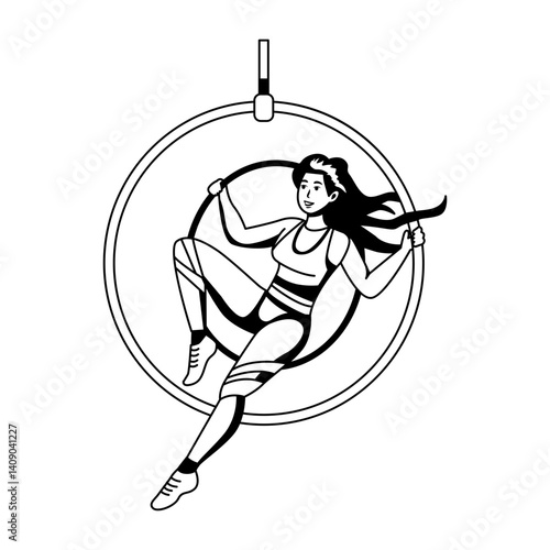 A glyph illustration of aerial acrobat character sitting in a ring 
