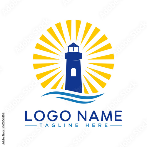 Lighthouse logo template. Building of lighthouse logo vector. Lighthouse and wave vector