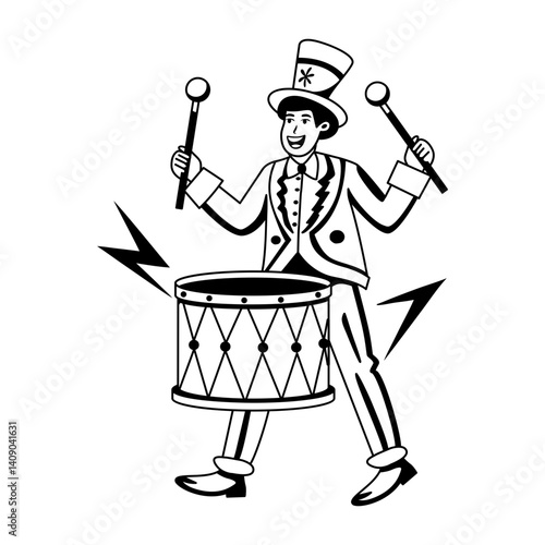 A glyph illustration of a drummer beating drum with sticks  
