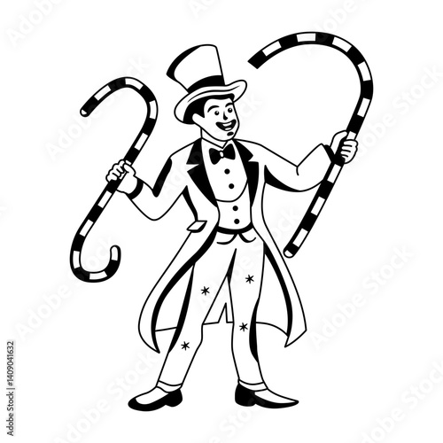 Circus ringmaster performing trick with long sticks illustration in glyph style 
