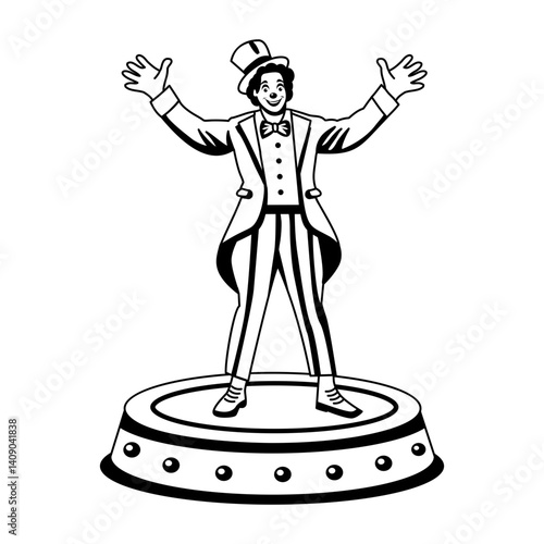 A glyph illustration of a circus ringmaster character standing on a stage 
