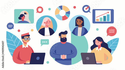 A team of researchers remotely conducts interviews and focus groups to study the correlation between socioeconomic status and participation in cultural activities compiling and. Vector illustration