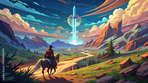 A rider on horseback journeys through a lush valley toward an enormous sword embedded in the distant earth under a dramatic sky, digital art style, illustration