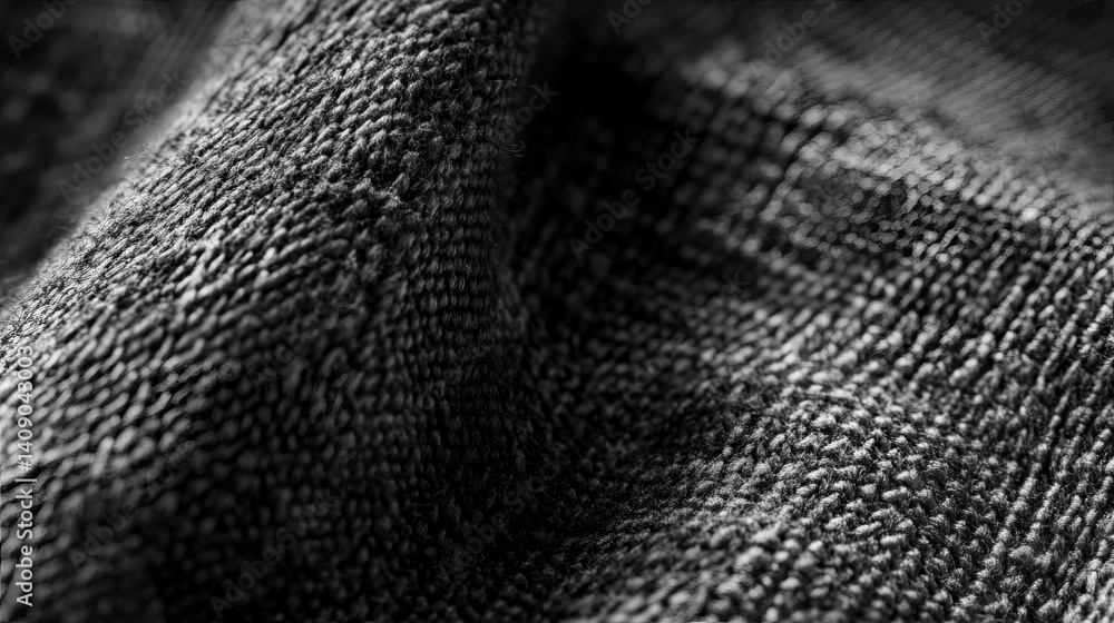 Detailed closeup of textured dark gray fabric material art soft cloth woven black white style image Detailed closeup of textured dark gray fabric material art soft cloth woven black white style image