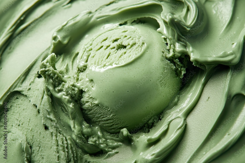 Obraz premium Close up of matcha ice cream with scoop and swirls texture. Ideal for summer promotions or frozen dessert menu designs.