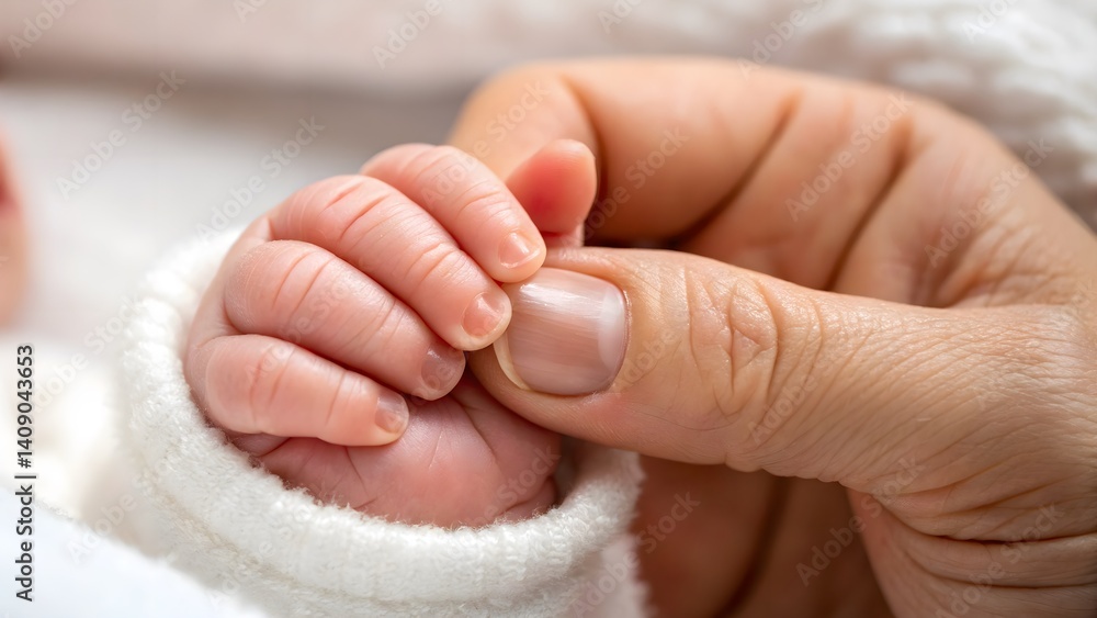 Tender macro shot of a newborn’s tiny hand gently gripping an adult’s finger. Ideal for themes of parenthood, human connection, innocence, and new life. Tender macro shot of a newborn’s tiny hand gently gripping an adult’s finger. Ideal for themes of parenthood, human connection, innocence, and new life.