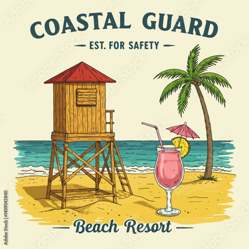 Relaxing Beach Scene with Lifeguard Tower and Drink