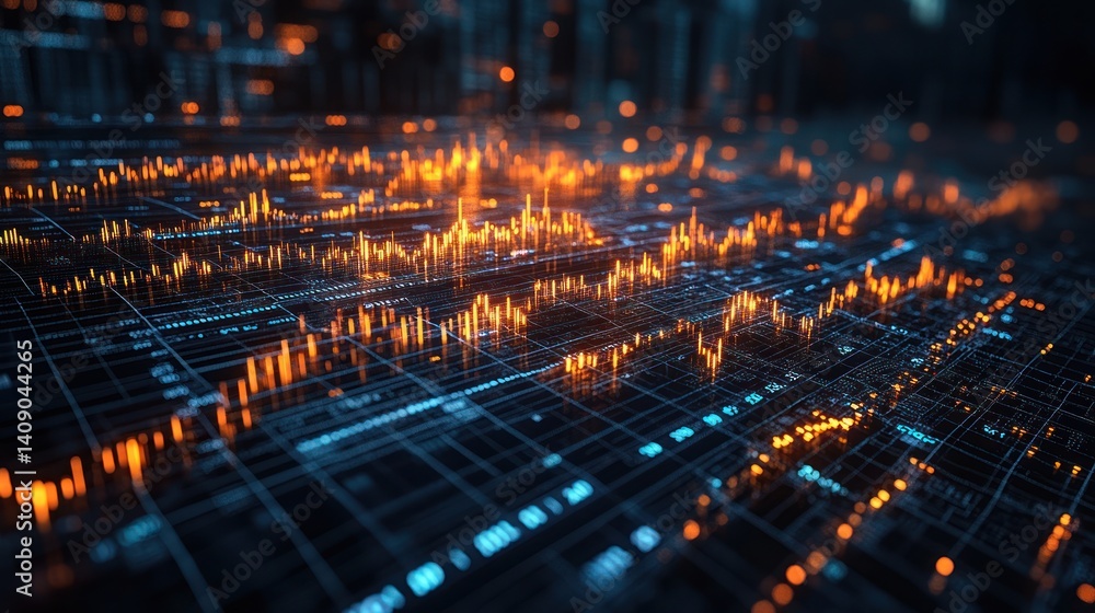 Fototapeta premium Abstract Digital Data Visualization: Network of glowing lines and orange data points illustrating complex information flows and digital technology.