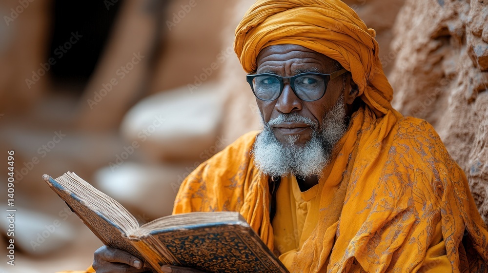 Fototapeta premium Portrait of a Wise Man Reading a Book in Africa