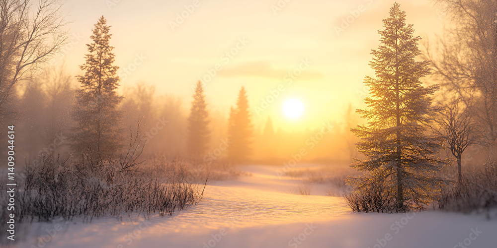 Snowy Forest Path at Sunrise with Mist and Pine Trees Snowy Forest Path at Sunrise with Mist and Pine Trees