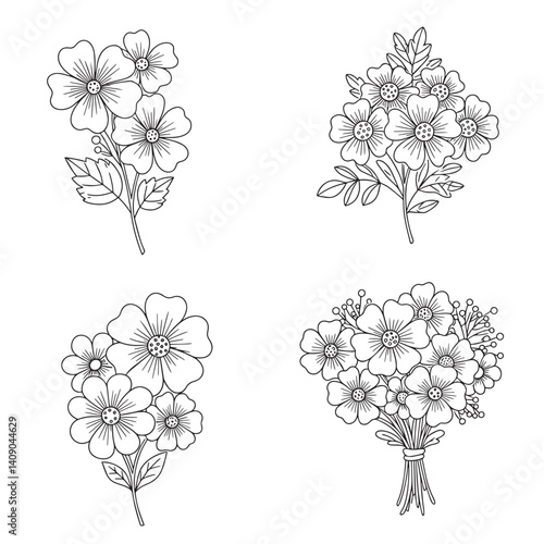 Vintage floral flower coloring page with elegant botanical outline vector drawings and soft silhouette line art.
