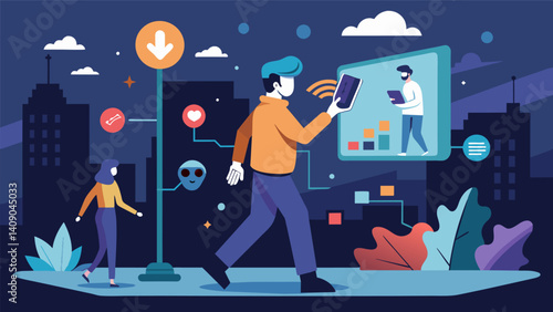 A street performer uses an interactive projection of realtime data from social media to engage with passersby highlighting the constant presence of technology in our lives.. Vector illustration