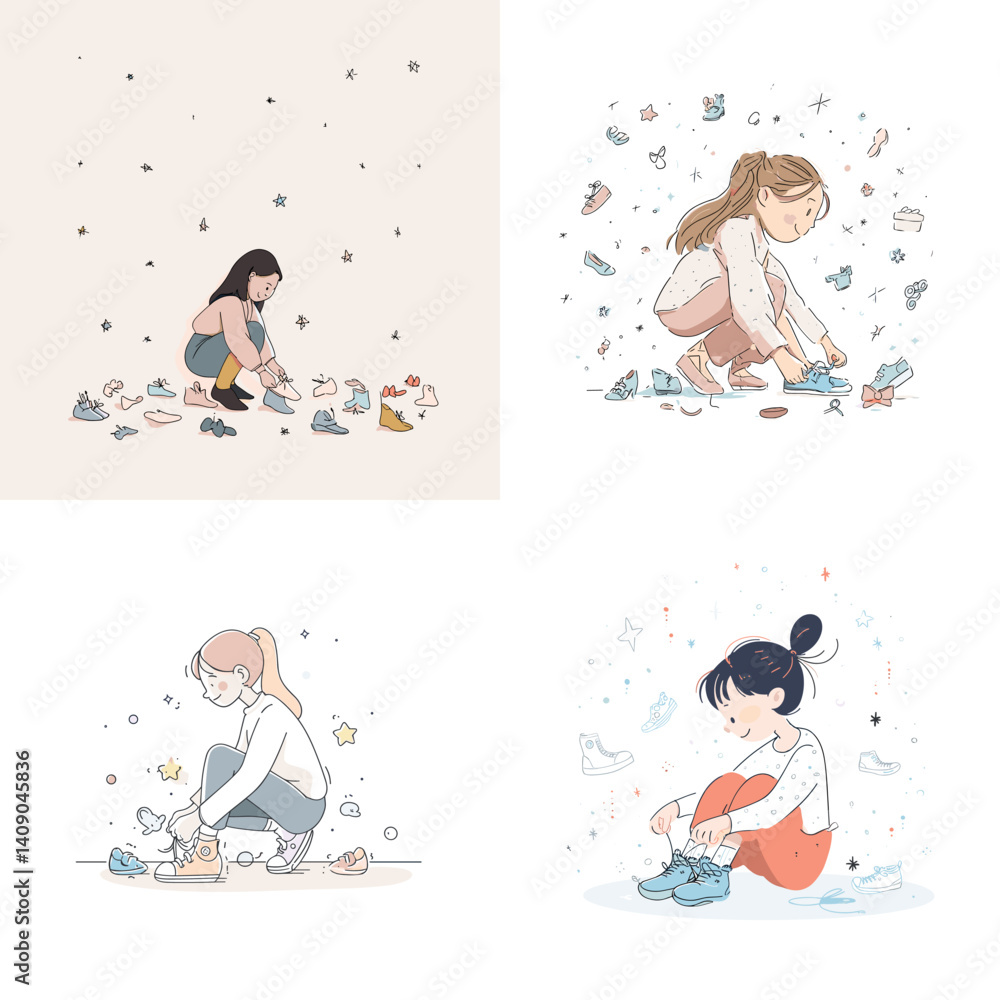 Adorable pastel illustrations of young girls tying their shoelaces, surrounded by tiny playful elements. Perfect for kids’ content, lifestyle themes, or character design.
Adorable pastel illustrations of young girls tying their shoelaces, surrounded by tiny playful elements. Perfect for kids’ content, lifestyle themes, or character design.