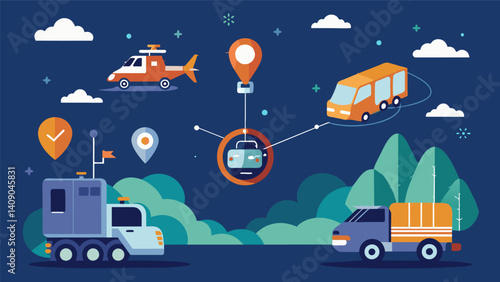 A stateoftheart transfer experience where eVTOLs and ground vehicles operate in perfect synchrony.. Vector illustration