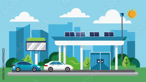 Each level of the parking structure contains charging stations for the electricpowered air taxis utilizing renewable energy sources.. Vector illustration