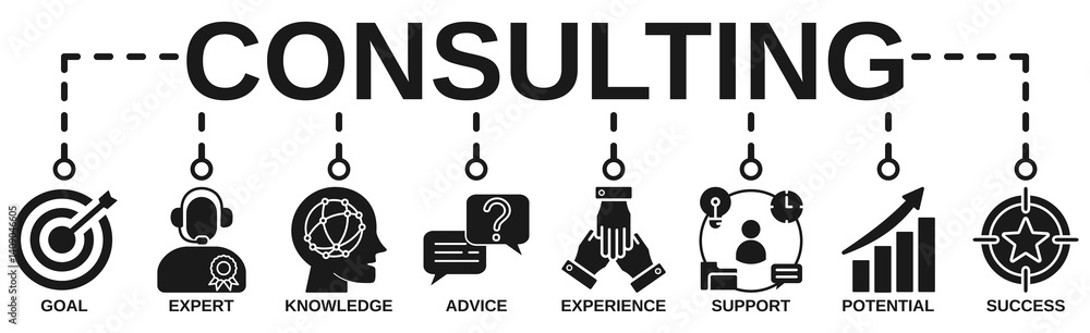 Consulting banner web icon vector illustration concept for business consultation with an icon of goals, expert, knowledge, advice, experience, support, potential, and success Consulting banner web icon vector illustration concept for business consultation with an icon of goals, expert, knowledge, advice, experience, support, potential, and success