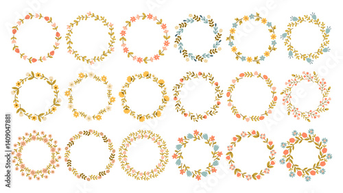 Spring flower circle frame big set. Floral circle frame. Hand drawn botanical round border, laurel, wreath with branches, leaves and flowers illustration for wedding invitation, card, logo