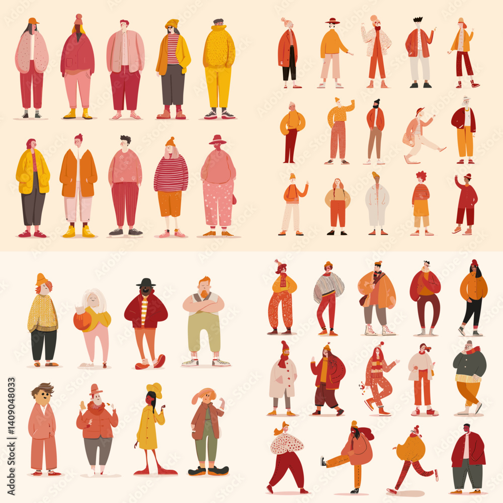 Fototapeta premium Colorful hand-drawn illustrations of diverse people in casual poses and outfits. Perfect for modern lifestyle, diversity, fashion, community, and character design themes.
