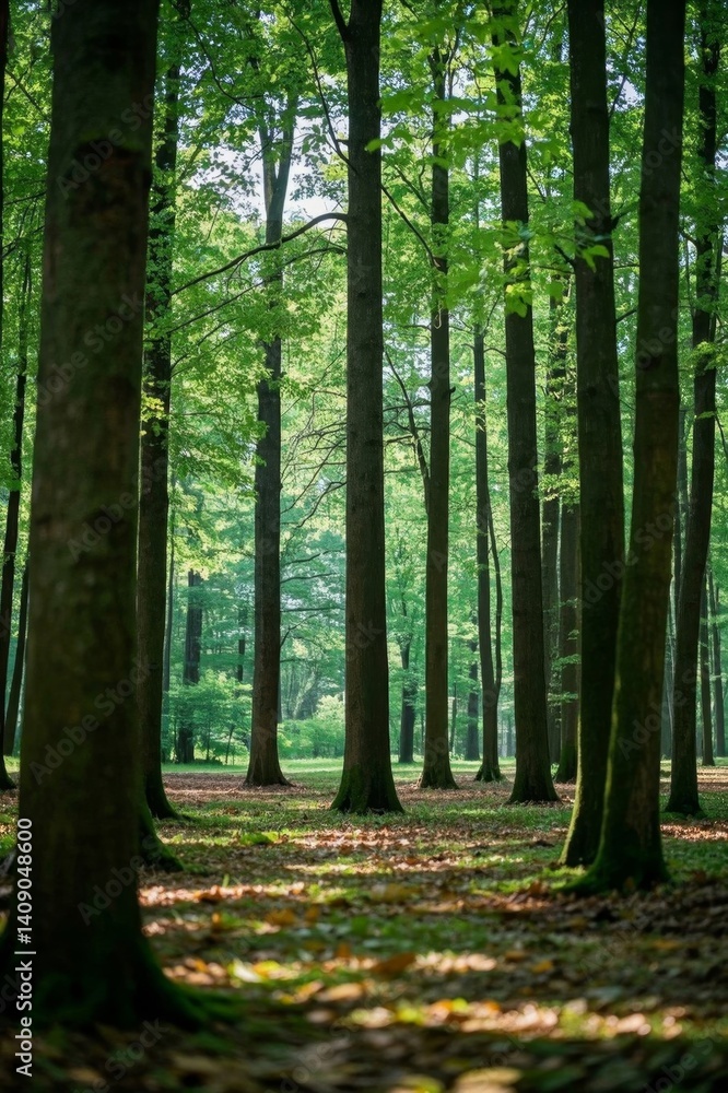 Naklejka premium trees in a forest with leaves on the ground and a bench