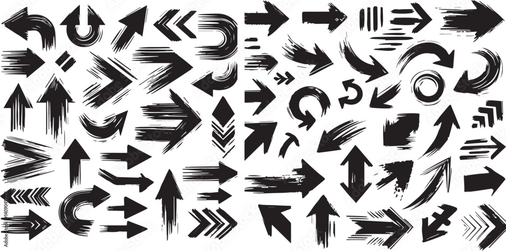 arrows in grunge style, vector collection, beautiful and stylish. Bold arrows, graphic set of isolated elements from brush strokes, thick pointers on white background arrows in grunge style, vector collection, beautiful and stylish. Bold arrows, graphic set of isolated elements from brush strokes, thick pointers on white background