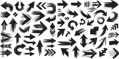 arrows in grunge style, vector collection, beautiful and stylish. Bold arrows, graphic set of isolated elements from brush strokes, thick pointers on white background