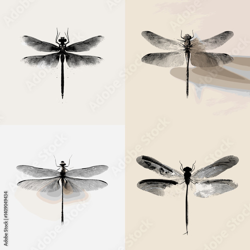 Elegant black and white dragonfly illustrations with detailed wings and minimalist backgrounds. Perfect for nature art, entomology visuals, tattoos, and decorative insect designs.

