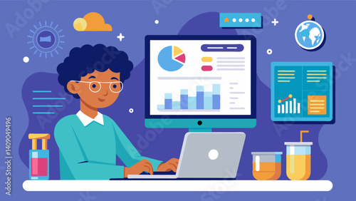 A student scrolling through a multitude of data and graphs on the computer analyzing the results of their science experiment and preparing to present their findings.. Vector illustration