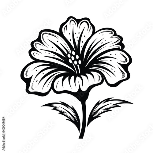 Black and White Hibiscus Flower with Bold Outline and Botanical Style