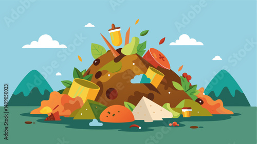 Piles of discarded food waste mixed with debris a sad reminder of the waste and loss caused by the conflict.. Vector illustration