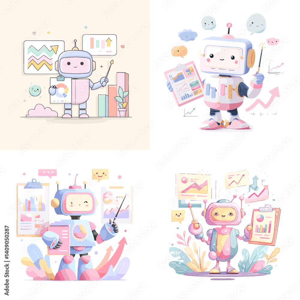 Cute pastel robots presenting charts and data in colorful infographic scenes. Perfect for tech education, business analytics, AI learning, and digital presentation illustrations.
Cute pastel robots presenting charts and data in colorful infographic scenes. Perfect for tech education, business analytics, AI learning, and digital presentation illustrations.