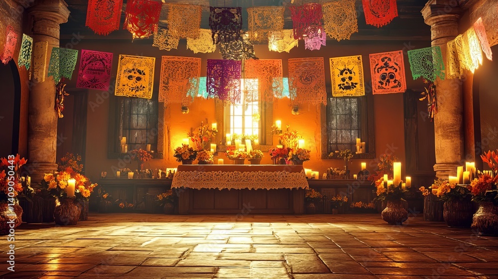 Fototapeta premium Day of the Dead Altar with Candles Flowers and Papel Picado Decorations