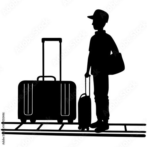 A silhouette of a traveler waiting at a train platform, with luggage beside them