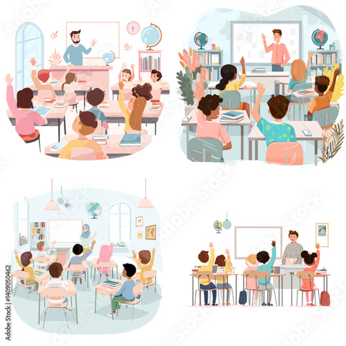 Colorful classroom illustrations with students and teachers interacting in learning environments. Ideal for education, teaching, back to school, and academic visual content.

