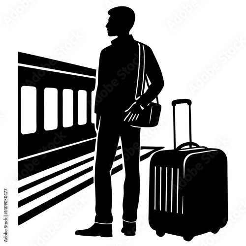 A silhouette of a traveler waiting at a train platform, with luggage beside them