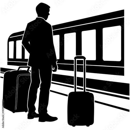 A silhouette of a traveler waiting at a train platform, with luggage beside them