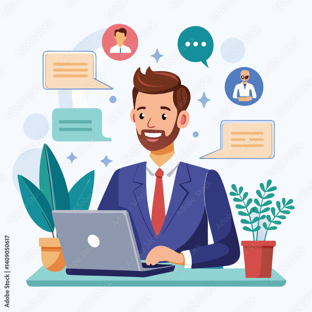 Businessman working on laptop with online communication Businessman working on laptop with online communication
