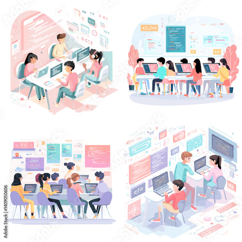 Illustrations of students learning computer programming in a classroom setting with laptops. Ideal for coding bootcamps, education technology, e-learning, and digital literacy concepts.


