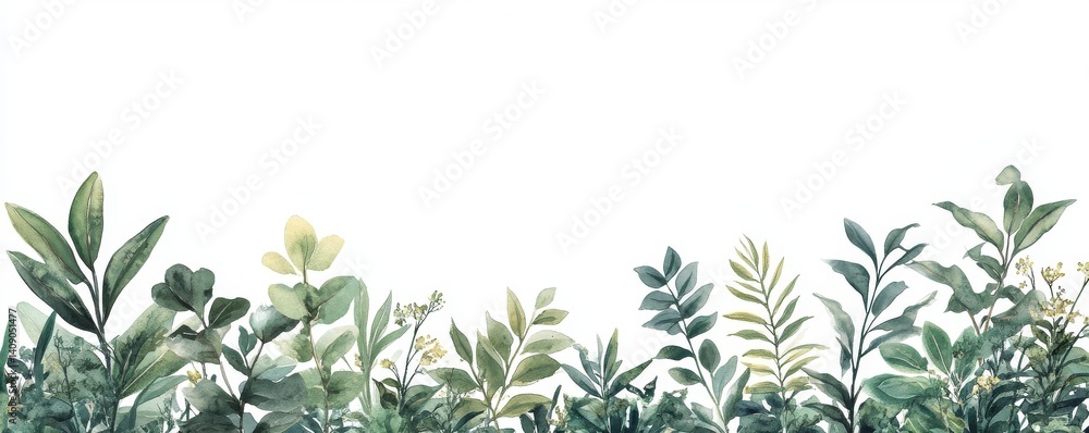 custom made wallpaper toronto digitalGreen leaves with a watercolor appearance are positioned symmetrically within a frame, set against a clean white background