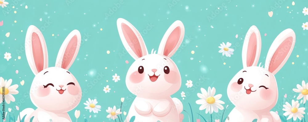 The teal background is adorned with a seamless pattern of white rabbits and daisies The teal background is adorned with a seamless pattern of white rabbits and daisies