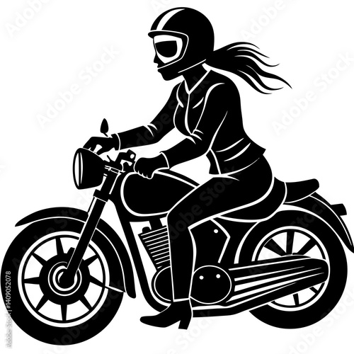 A silhouette of a woman motorcyclist riding on a highway, wearing a helmet
